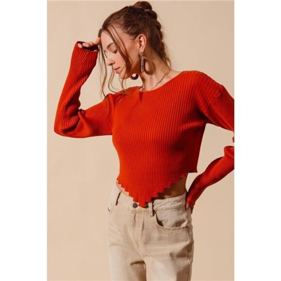 SO ME Rib Knitted Crop Sweater Top With Shaped Hem - Picture 2 of 3